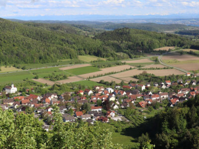 Landschaftsbild: Dorf, Felder, grüne Hügel und Wald unter blauem Himmel. Ländliche Gegend.